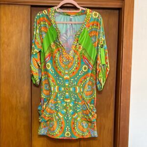 Nanette Lepore Multicolor Neon Paisley Swim Coverup Studded Deep V Neck Summer